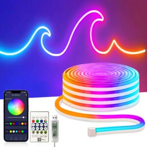 Upprullad neon-LED-list med färgglada ljuseffekter, app, fjärrkontroll och USB-adapter.
