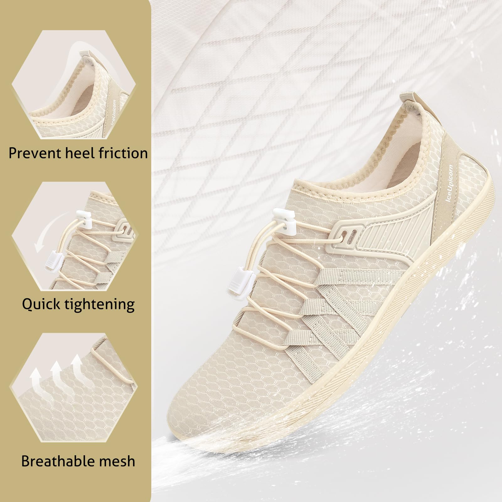 Beige vattensko med snörning och ventilerande nät, visad mot vit bakgrund.