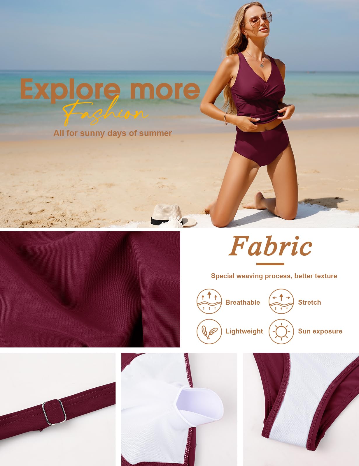 Violett tankini med hög midja visas på strand, med närbilder av tyg, band och detaljer.