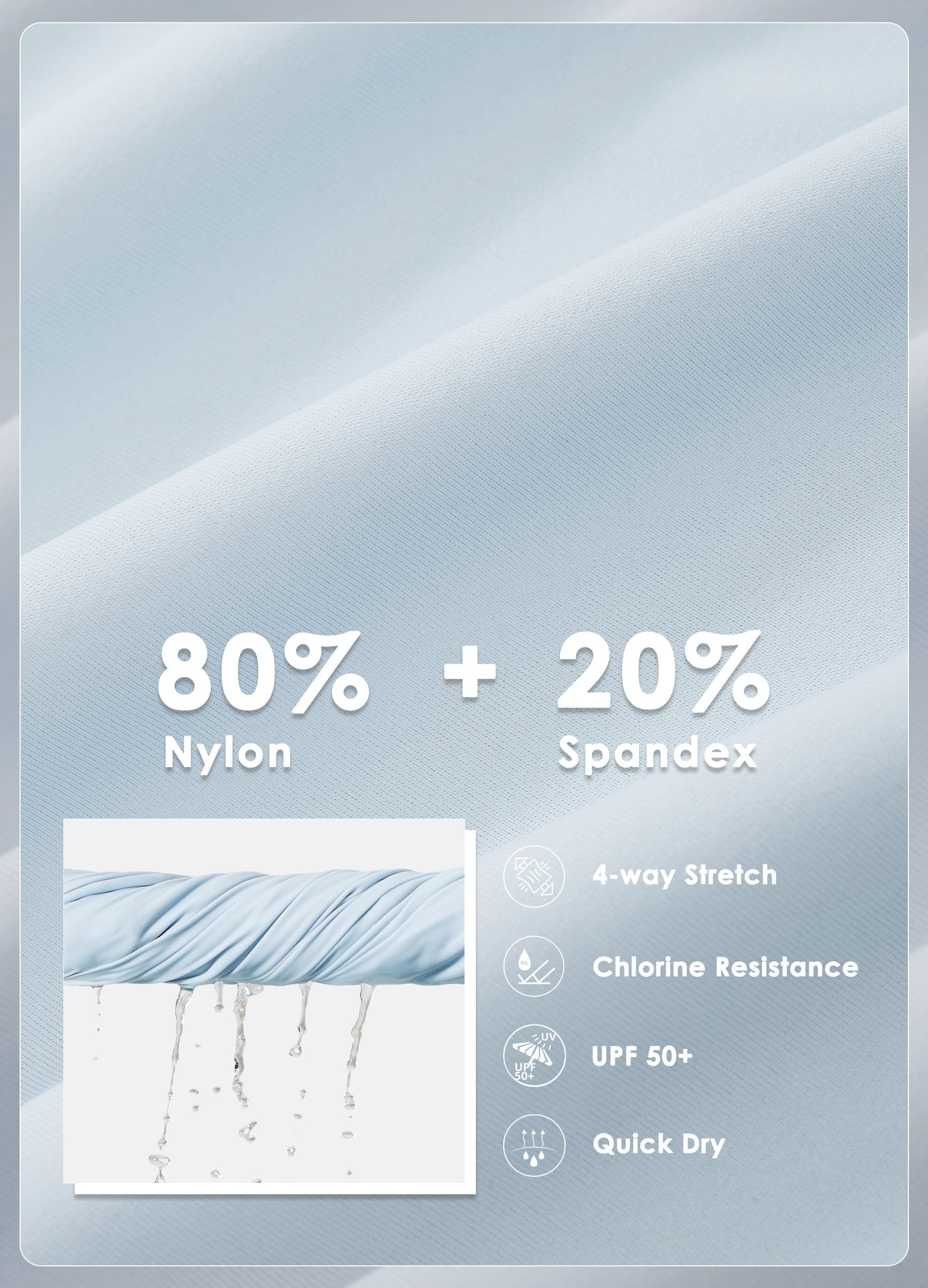 Närbild av ljusblått tyg med text om nylon, spandex och materialegenskaper.