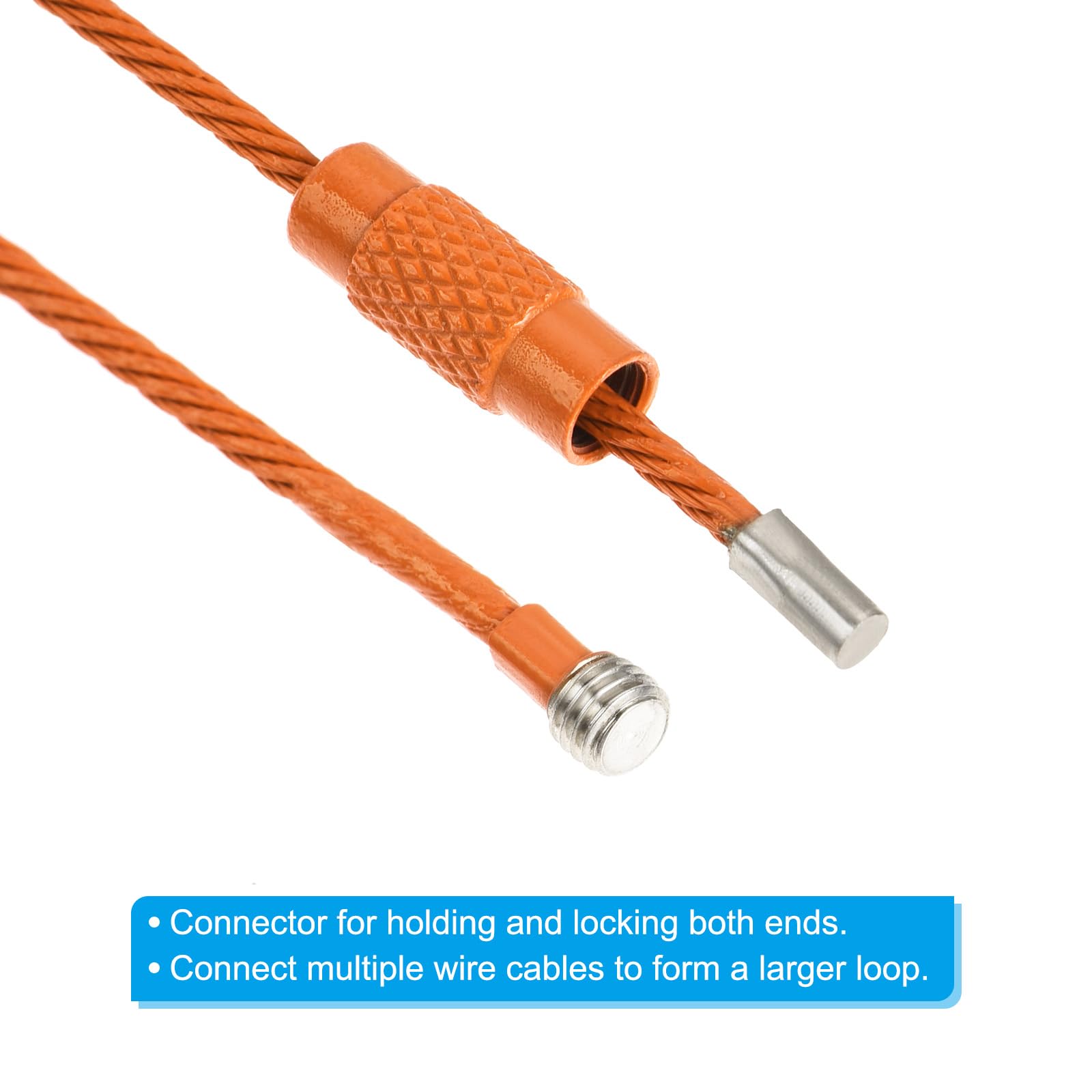 Närbild av vajerändar med orange räfflad hylsa och silverfärgade metallbeslag.