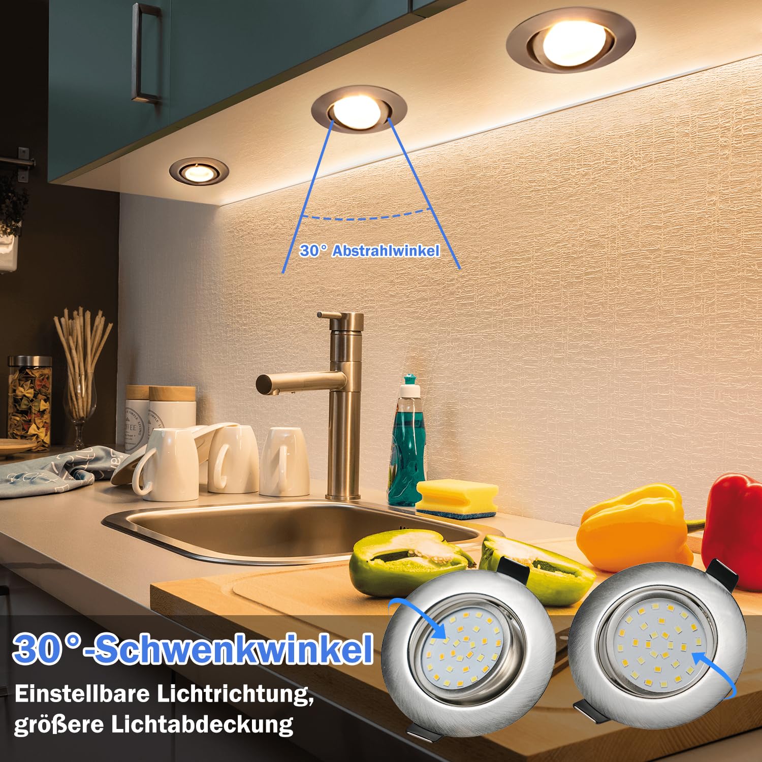 Infällda spotlights lyser över köksbänk och diskho, med illustration av 30° justerbar ljusriktning.