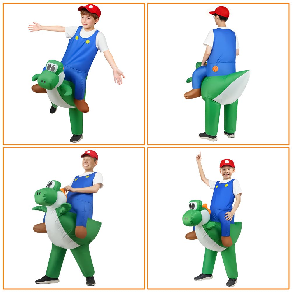 Person i uppblåsbar dinosauriedräkt med röd keps, visad framifrån och bakifrån.