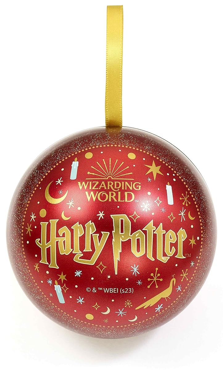 Röd julgranskula med guldfärgat Harry Potter-motiv och band för upphängning.