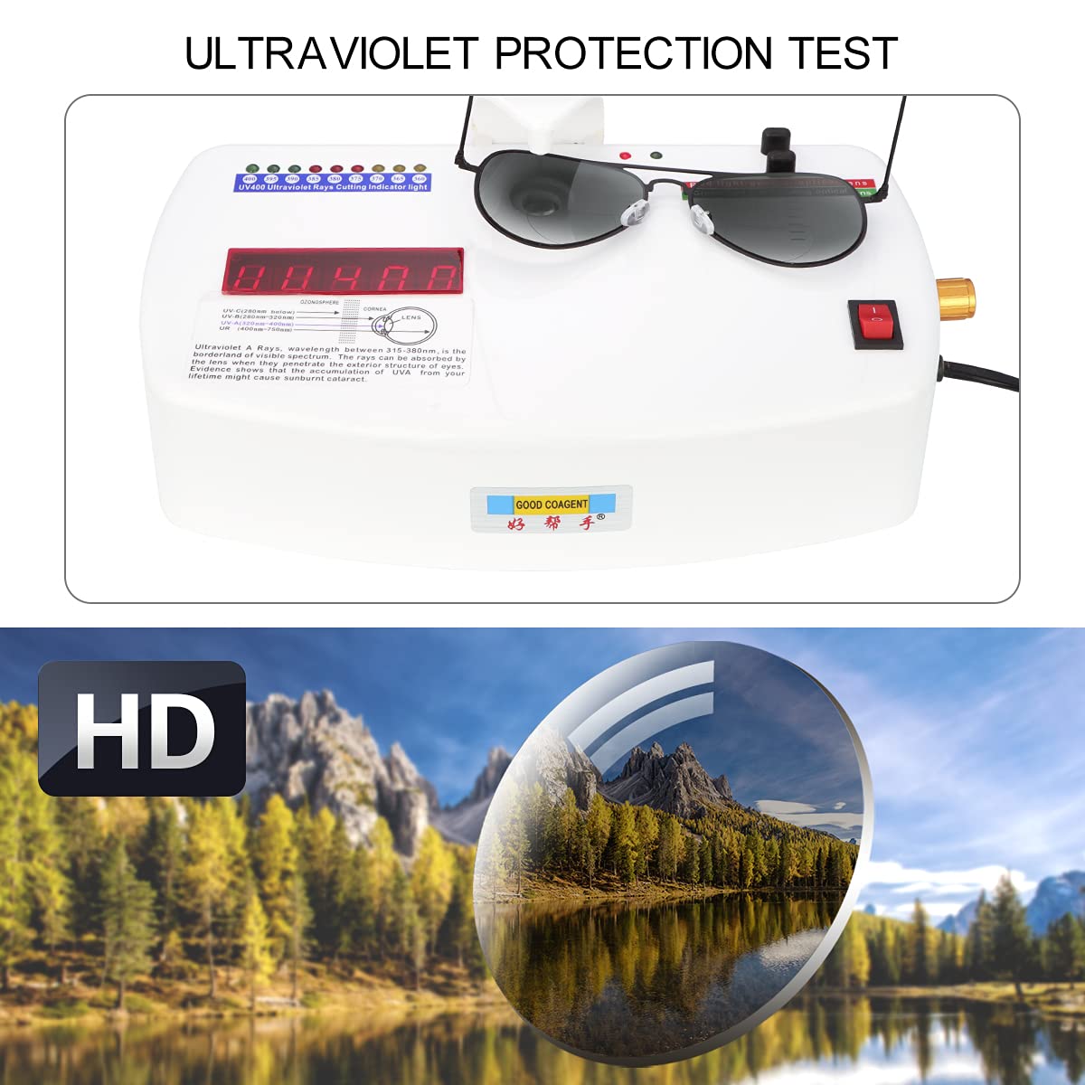 Solglasögon i en UV-testapparat samt en lins som visar ett skarpare landskap.
