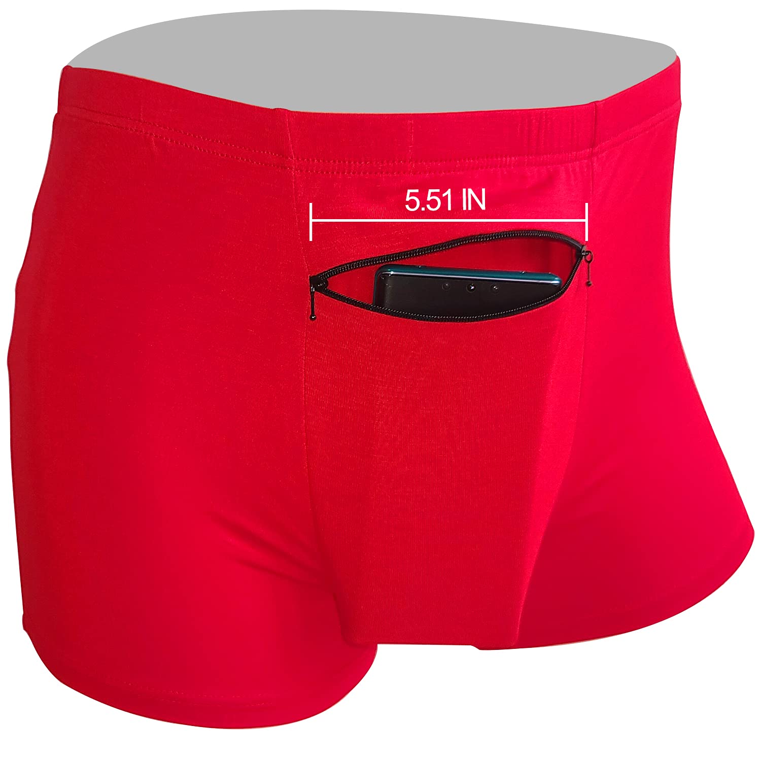 Röda boxershorts med dold ficka och öppen dragkedja framtill.