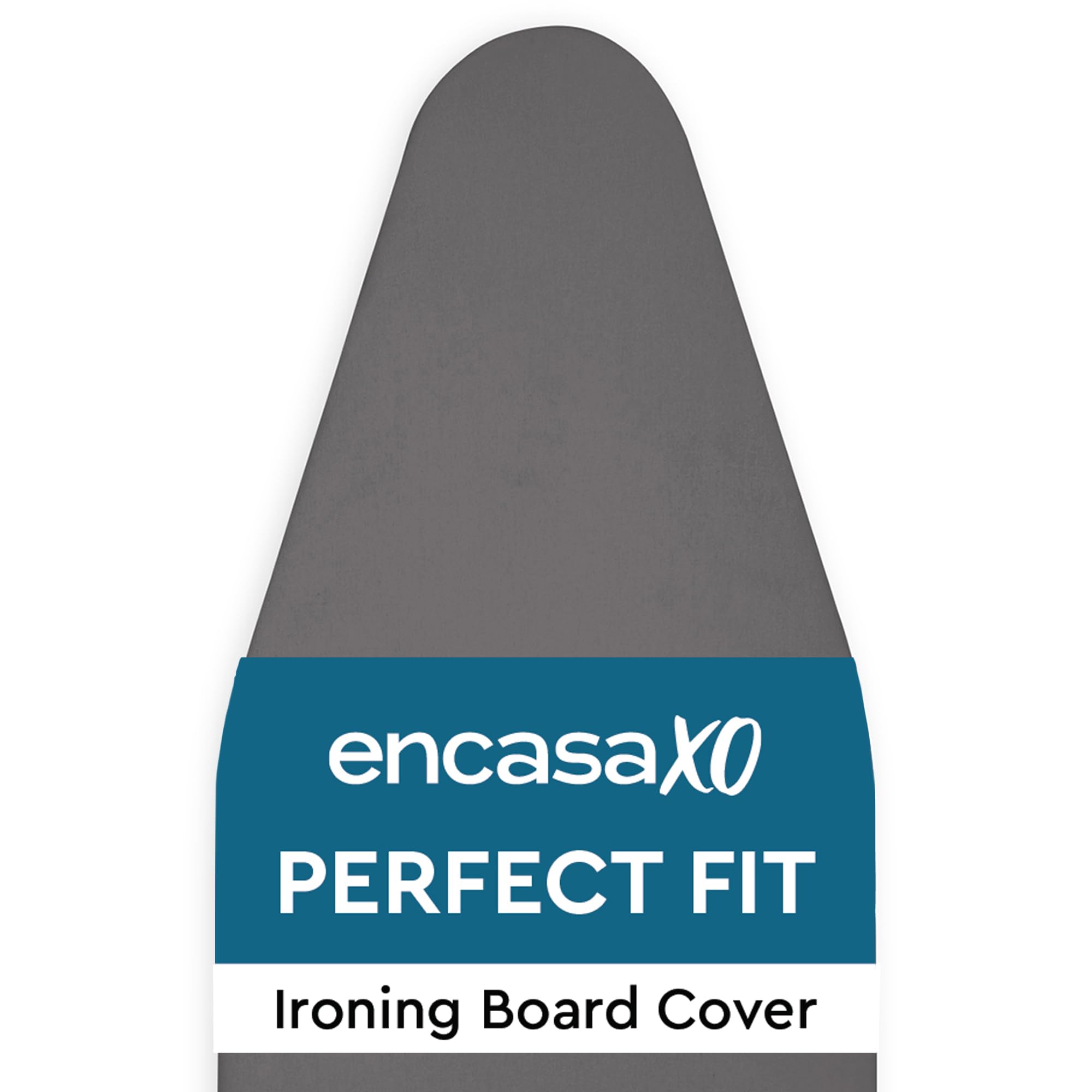 Grått strykbrädesöverdrag med blå etikett märkt ”encasaXO PERFECT FIT”.