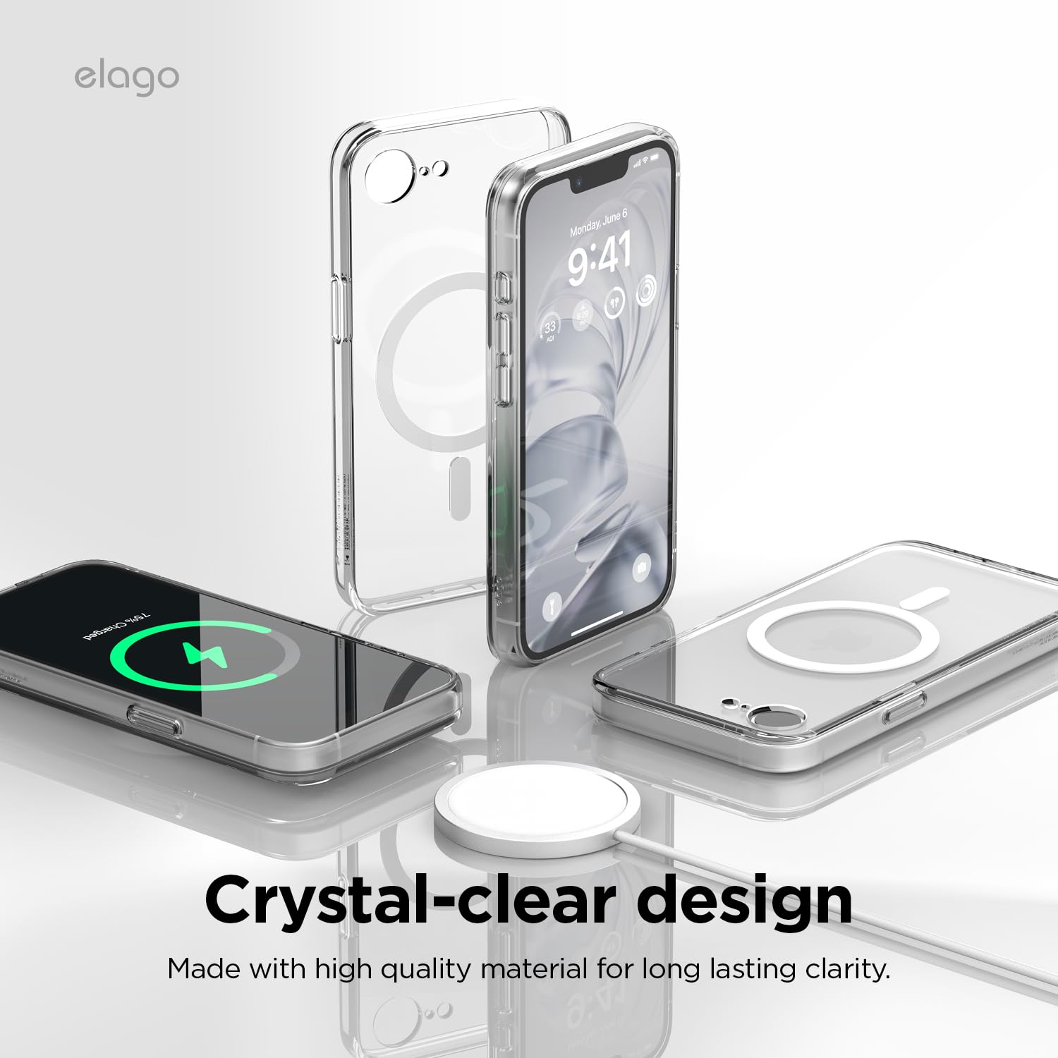 Genomskinligt mobilskal med MagSafe-magnetring, visat tillsammans med en iPhone.