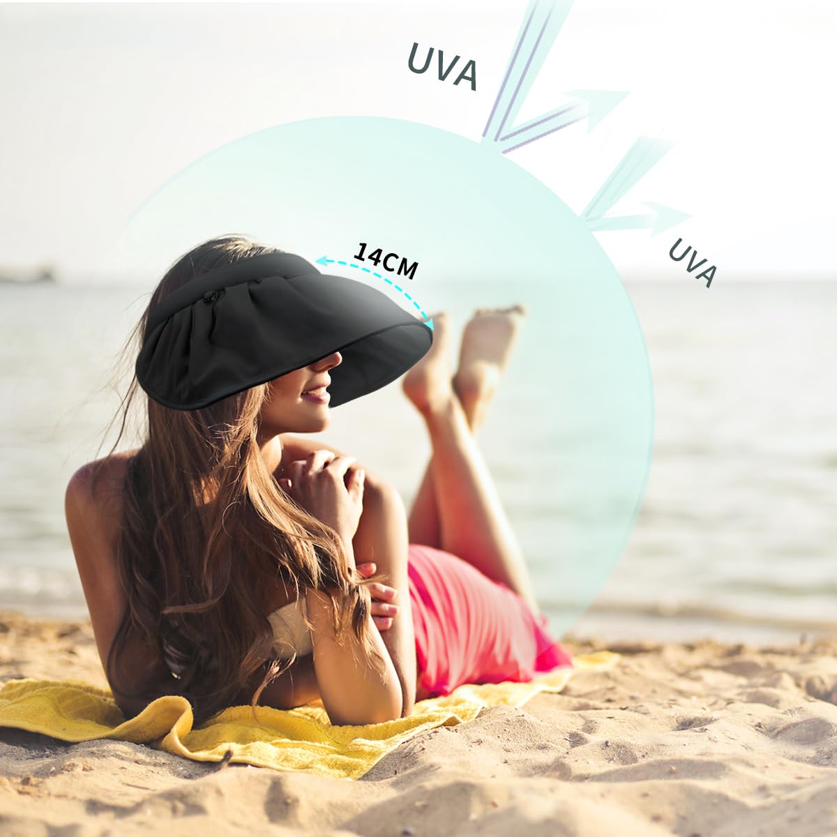 Kvinna i svart solkeps ligger på en strand med solskyddsgrafik i bakgrunden.