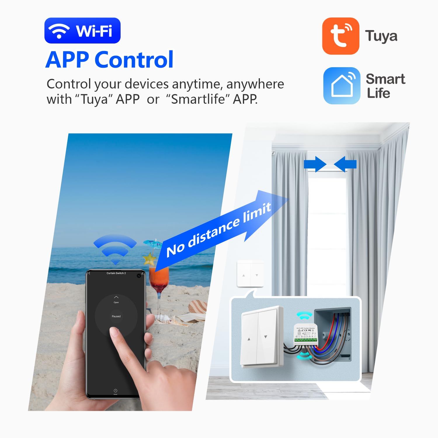 Illustration av appstyrning av gardiner via Wi-Fi och infälld styrmodul.