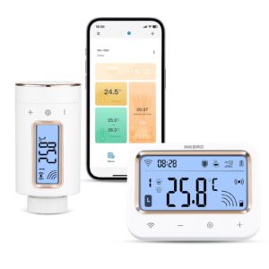 Inkbird-termostat med gateway och appdisplay som visar temperaturinställningar.