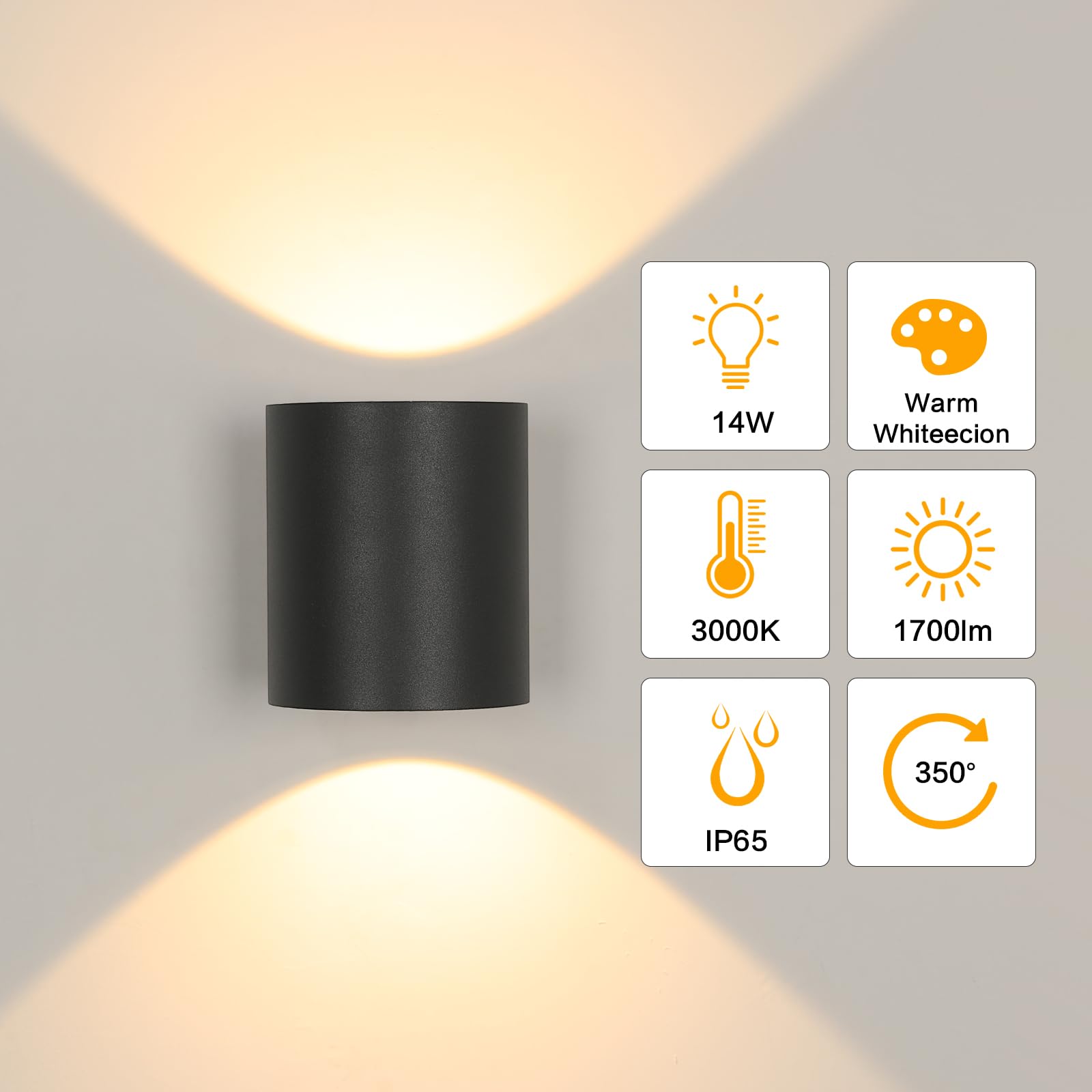 Svart cylindrisk vägglampa med upp- och nedåtriktat varmt ljus samt informationsikoner.