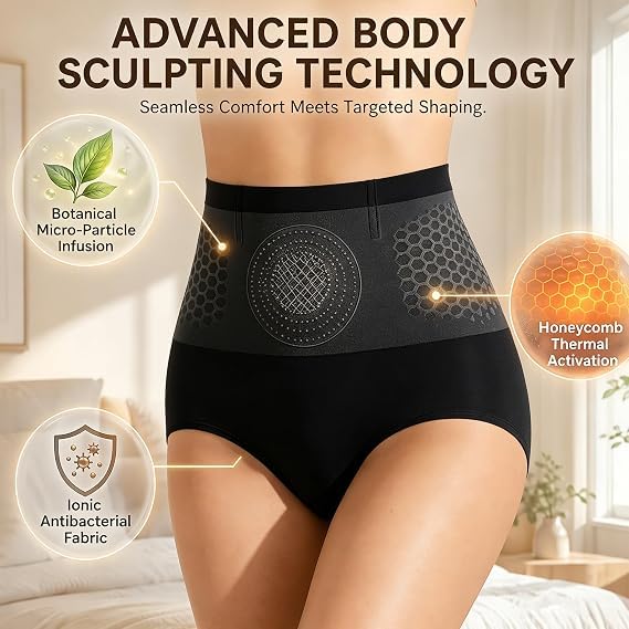 Svarta högmidjade shaping-shorts på en modell, med bred linning och mönstrade paneler.