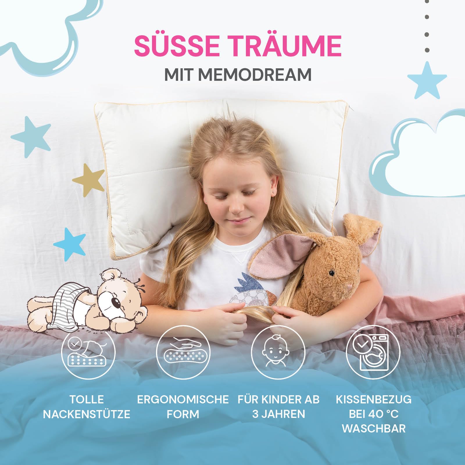 Flicka vilar på en kudde och håller om ett gosedjur i sängen.