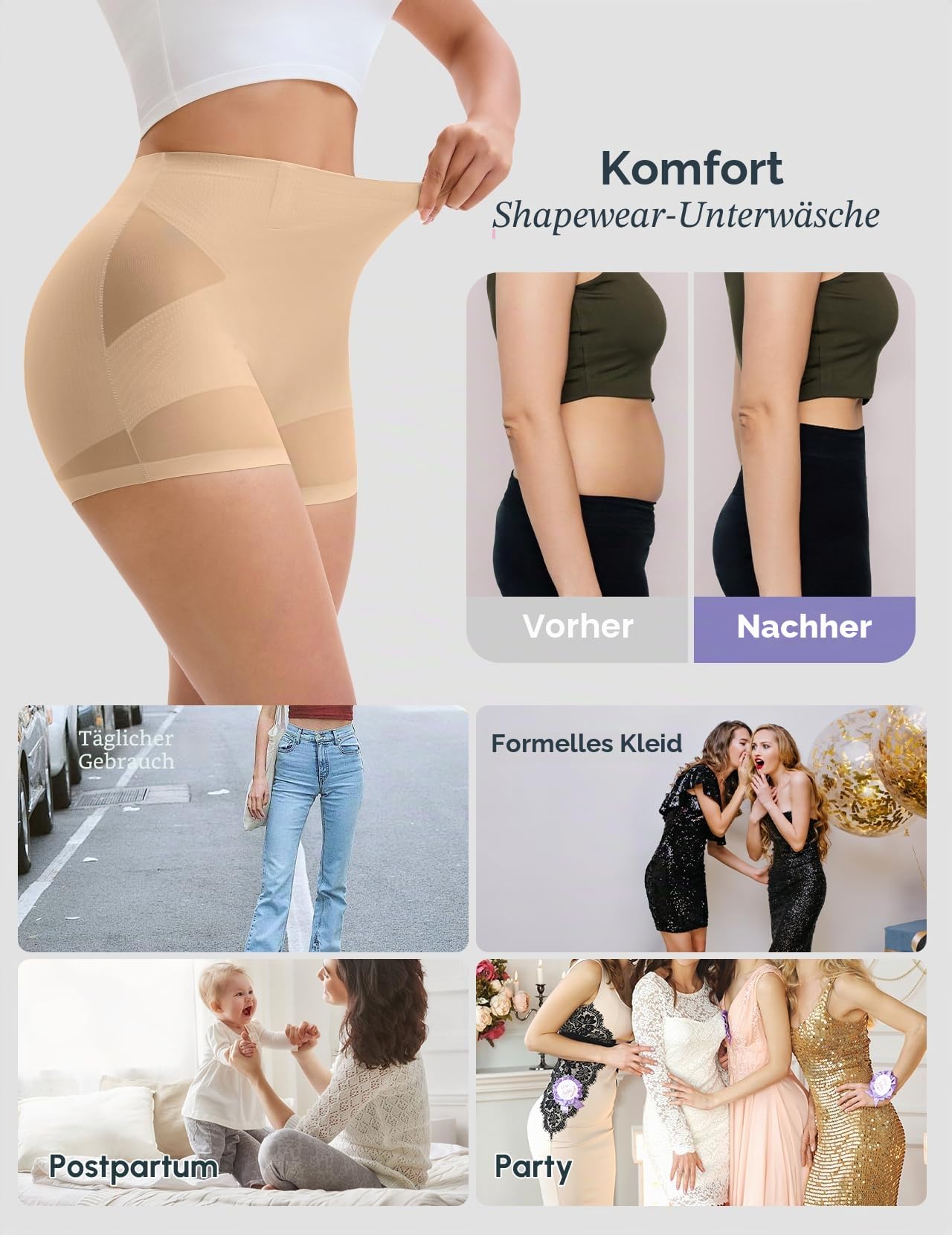 Beige formande trosor med ben visas på en modell, med jämförelsebilder före och efter användning.