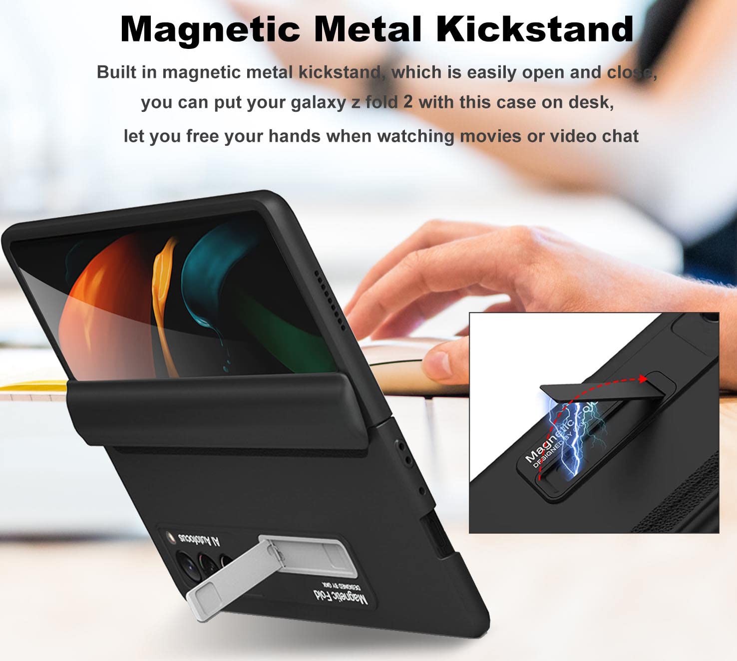 Svart skyddsfodral med utfällt magnetiskt stöd för Galaxy Z Fold 2.