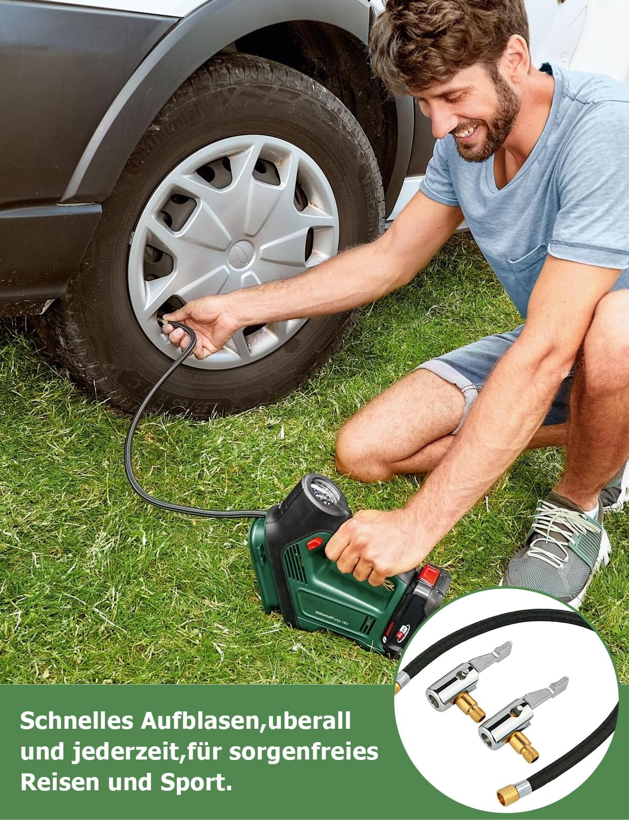 Person pumpar ett bildäck med en batteridriven pump och flexibel slang.