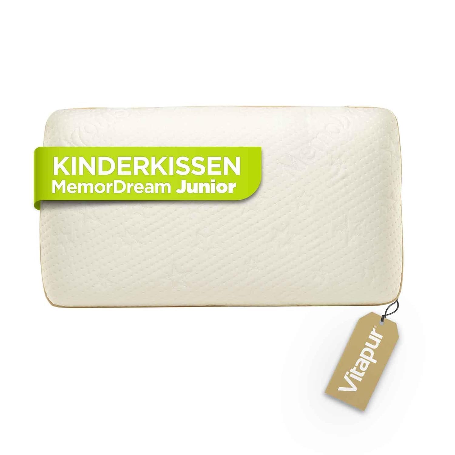 Vitapur MemoDream Junior-barnkudde med grönt produktband och hängande märkesetikett.