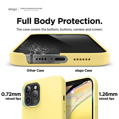 Gult mobilskal för iPhone med täckta knappar, laddningsport och upphöjda kanter.