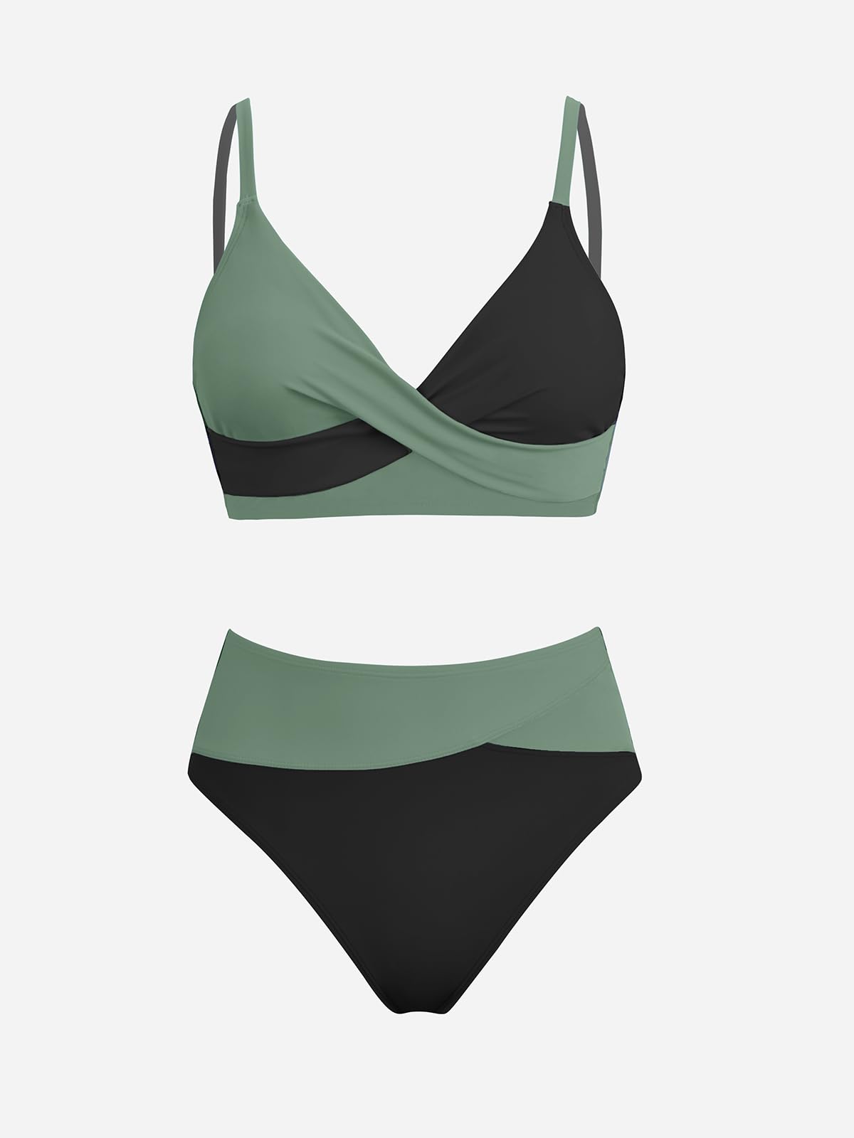 Svart och grönt bikini-set med omlottöverdel och högmidjad bikinitrosa.