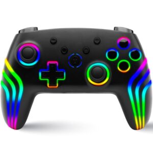 Svart trådlös spelkontroll med färgglada RGB-belysta knappar och reglage.