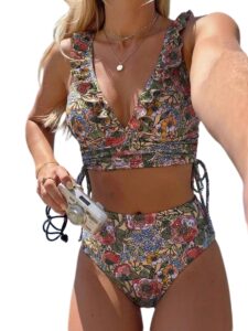 Blommigt tvådelat bikiniset med volangdetaljer, knytband i sidan och hög midja.