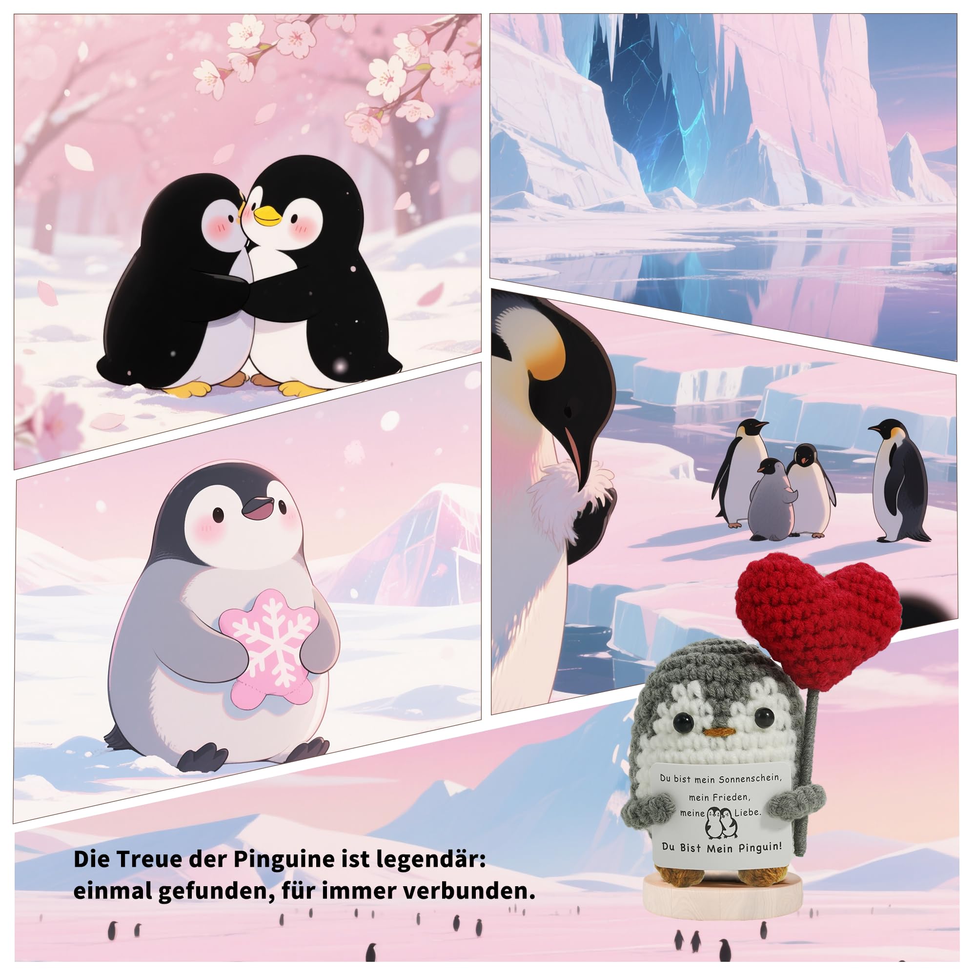 Stickad pingvinfigur på trästativ med rött hjärta och textskylt framför vintermotiv.