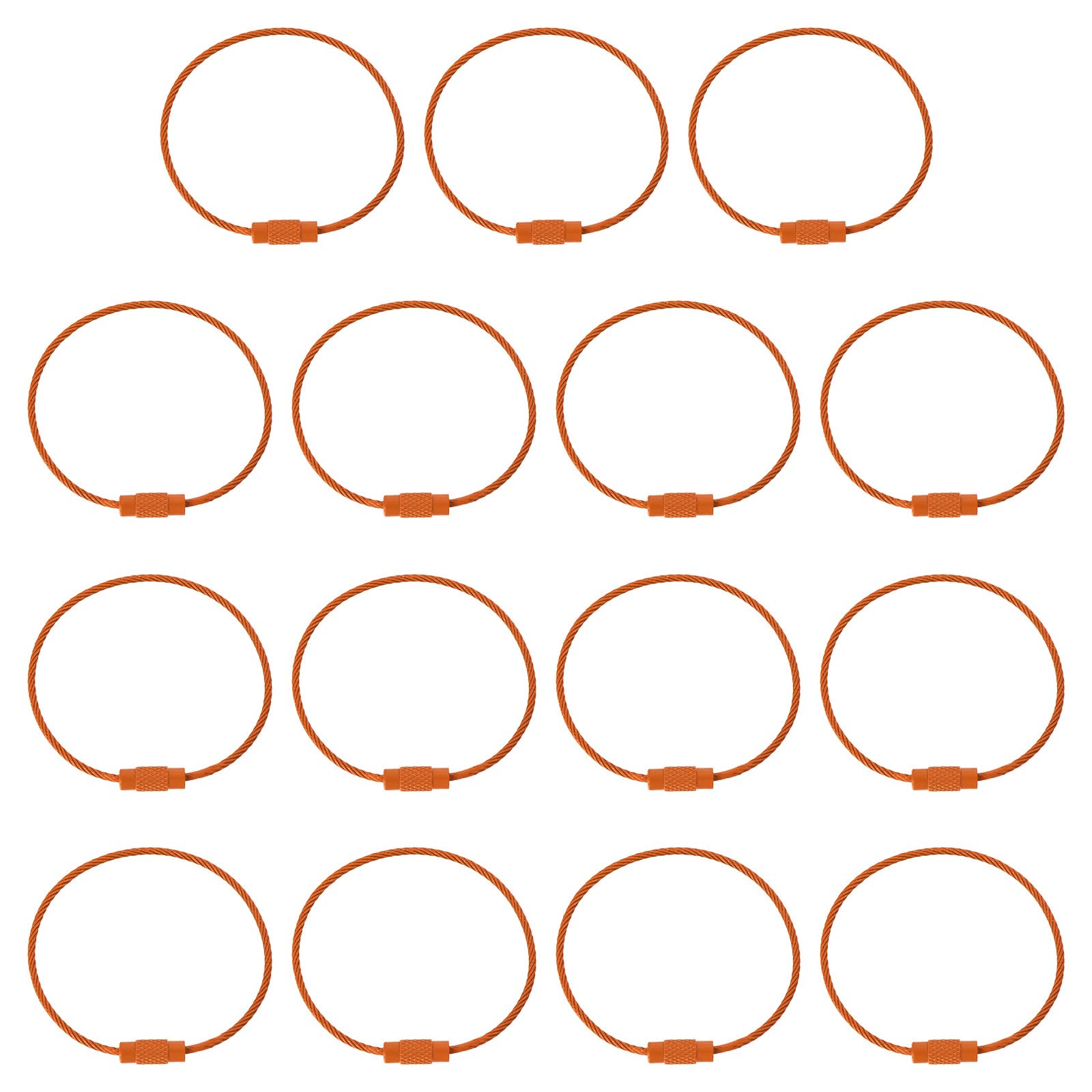 Femton orangefärgade vajeröglor arrangerade i fyra rader på vit bakgrund.