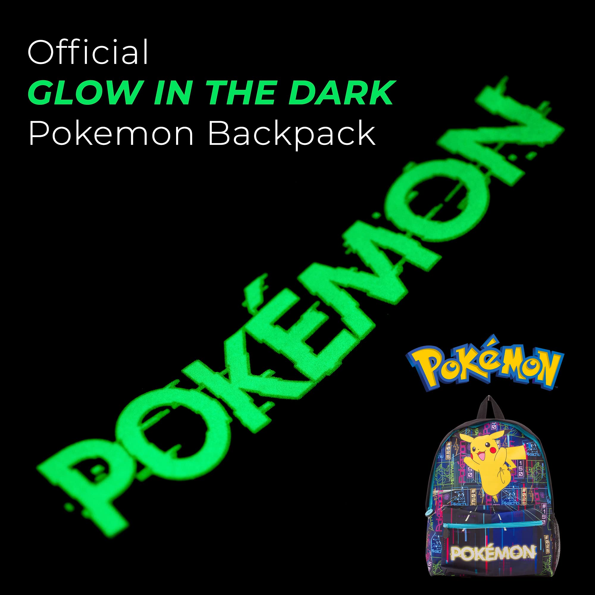 Ryggsäck med lysande grön Pokémon-logotyp och Pikachu-motiv på framsidan.