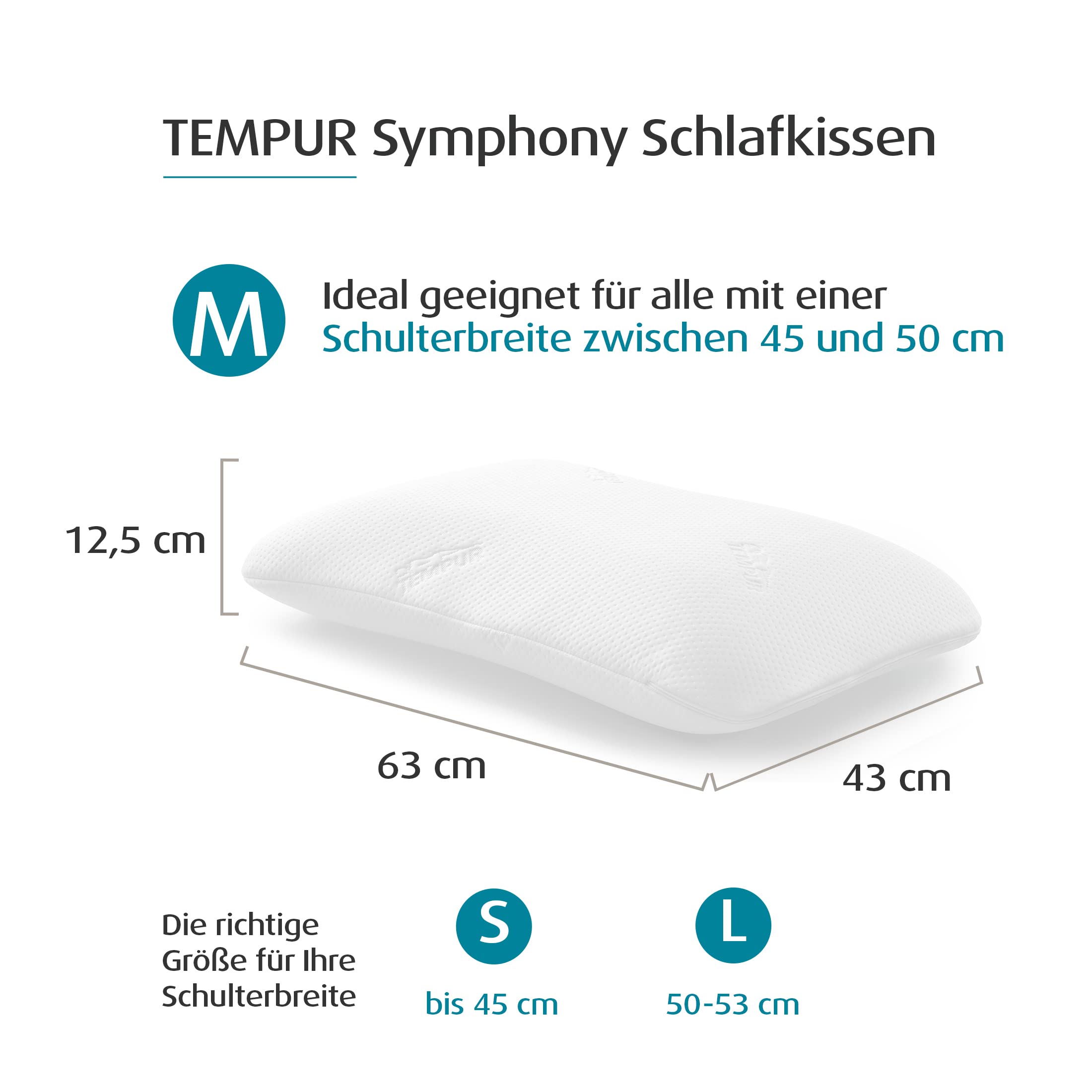 Vit ergonomisk kudde med måttangivelser: 63 × 43 cm och 12,5 cm hög.