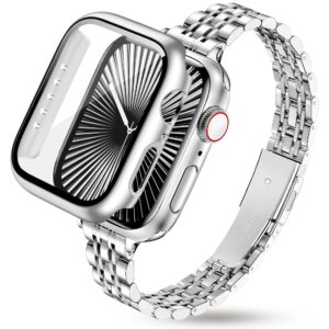 Silverfärgat metallarmband med skyddande Apple Watch-fodral, avbildat framifrån och från sidan.