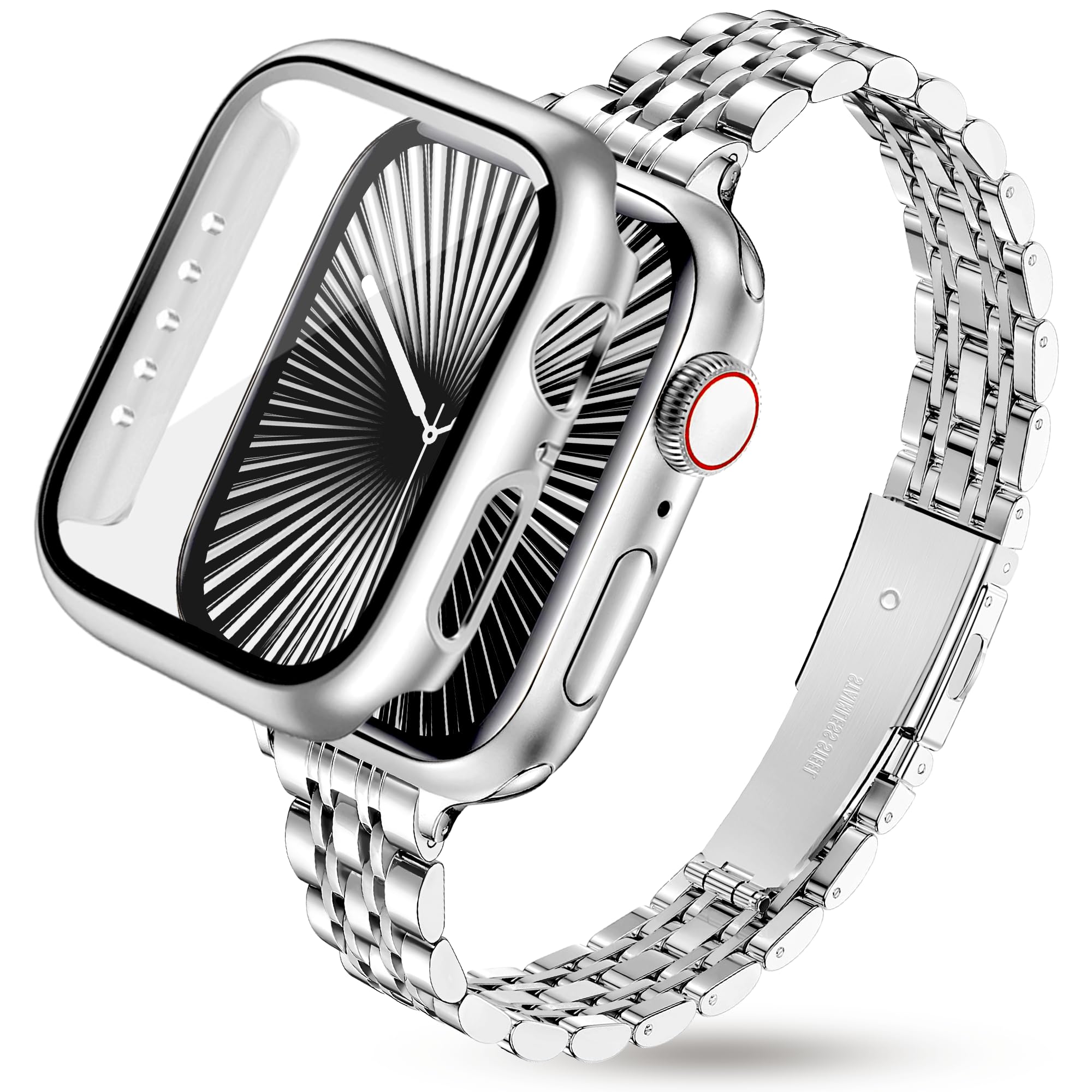 Silverfärgat metallarmband med skyddande Apple Watch-fodral, avbildat framifrån och från sidan.