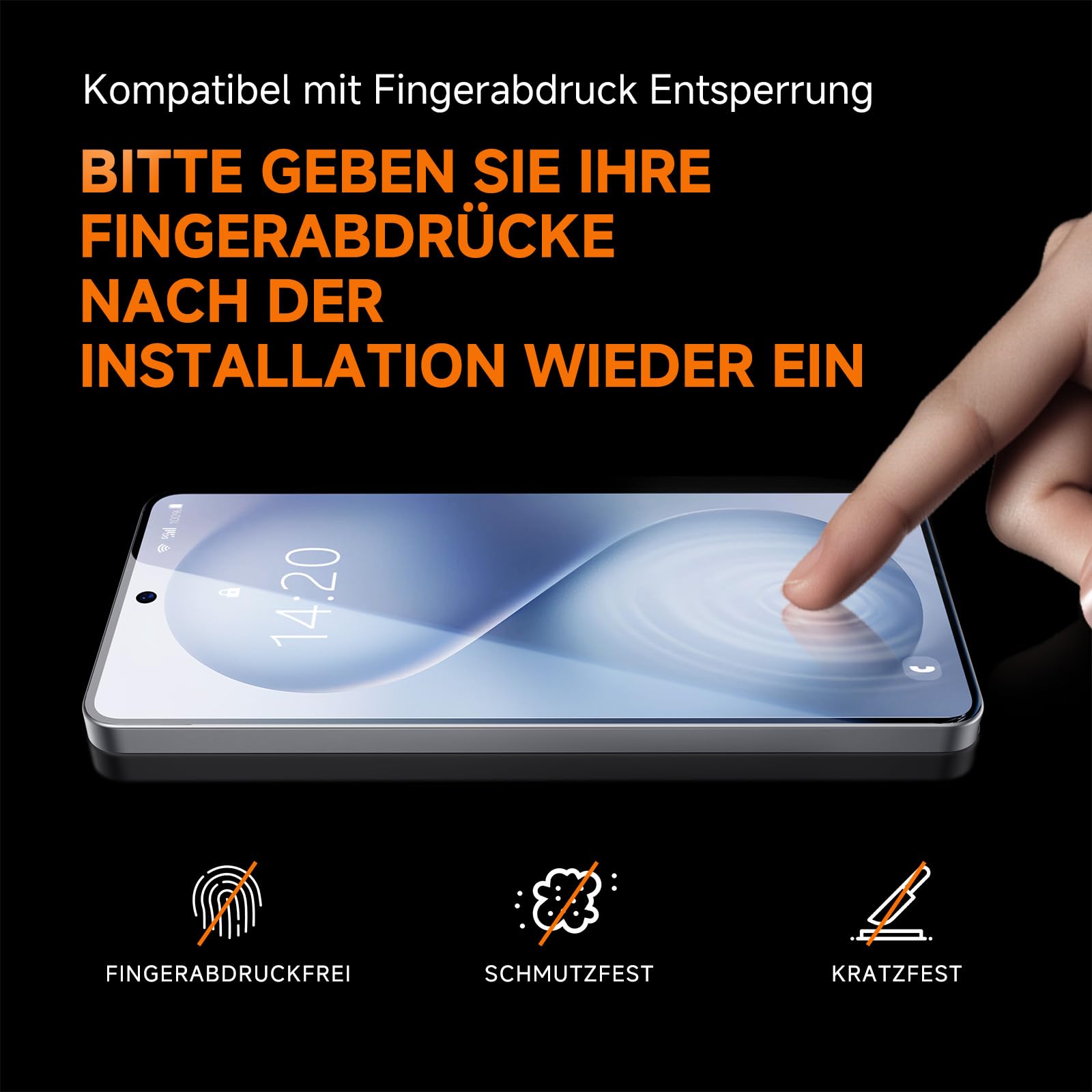 Hand trycker på fingeravtrycksläsaren på en smartphone med skärmskydd.