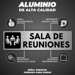 Aluminiumsskylt med texten ”SALA DE REUNIONES” och ikon för mötesrum.