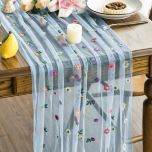 Genomskinlig bordslöpare med färgglada broderade blommor på ett träbord.