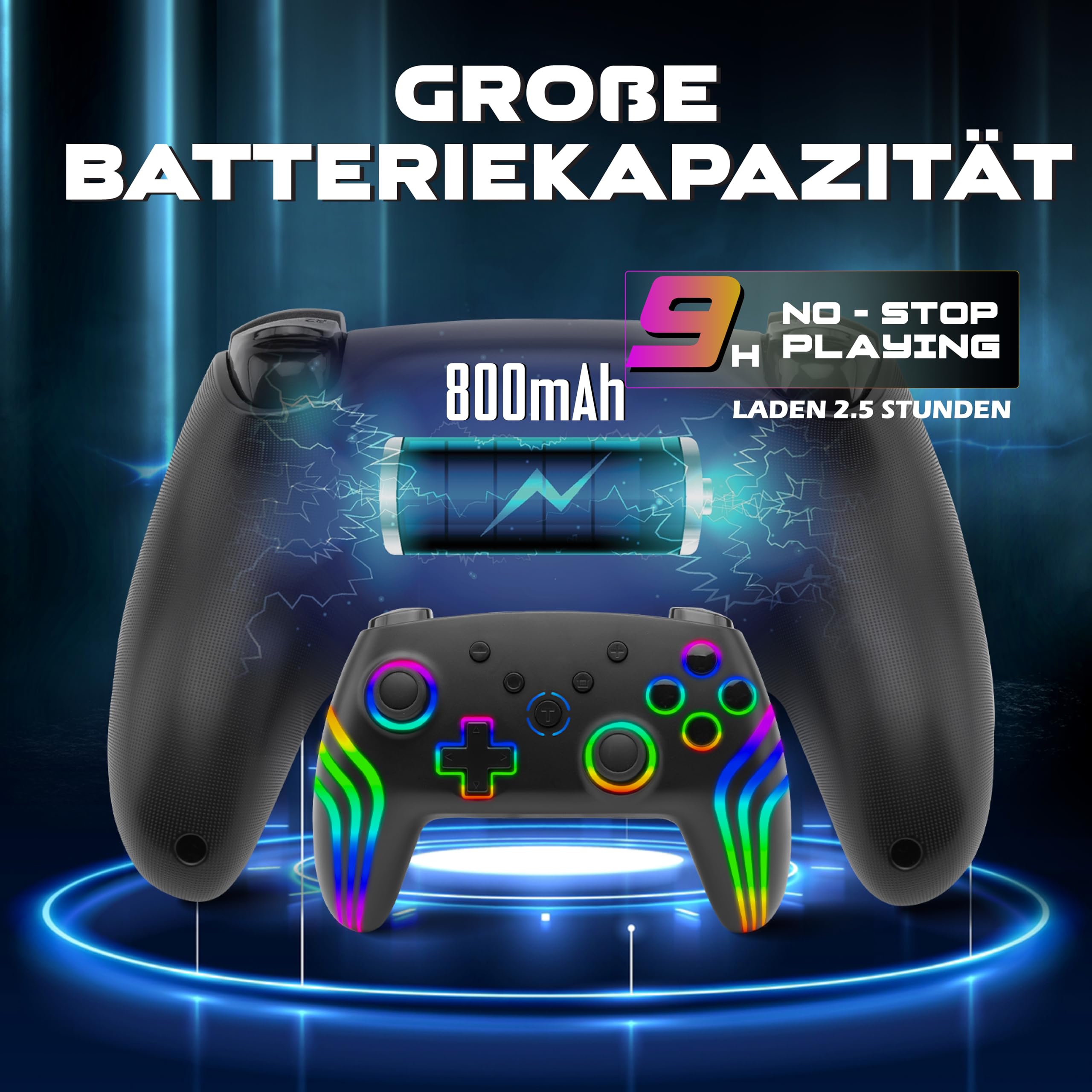 Trådlös spelkontroll med färgglad RGB-belysning framför en större kontroll och batterigrafik.