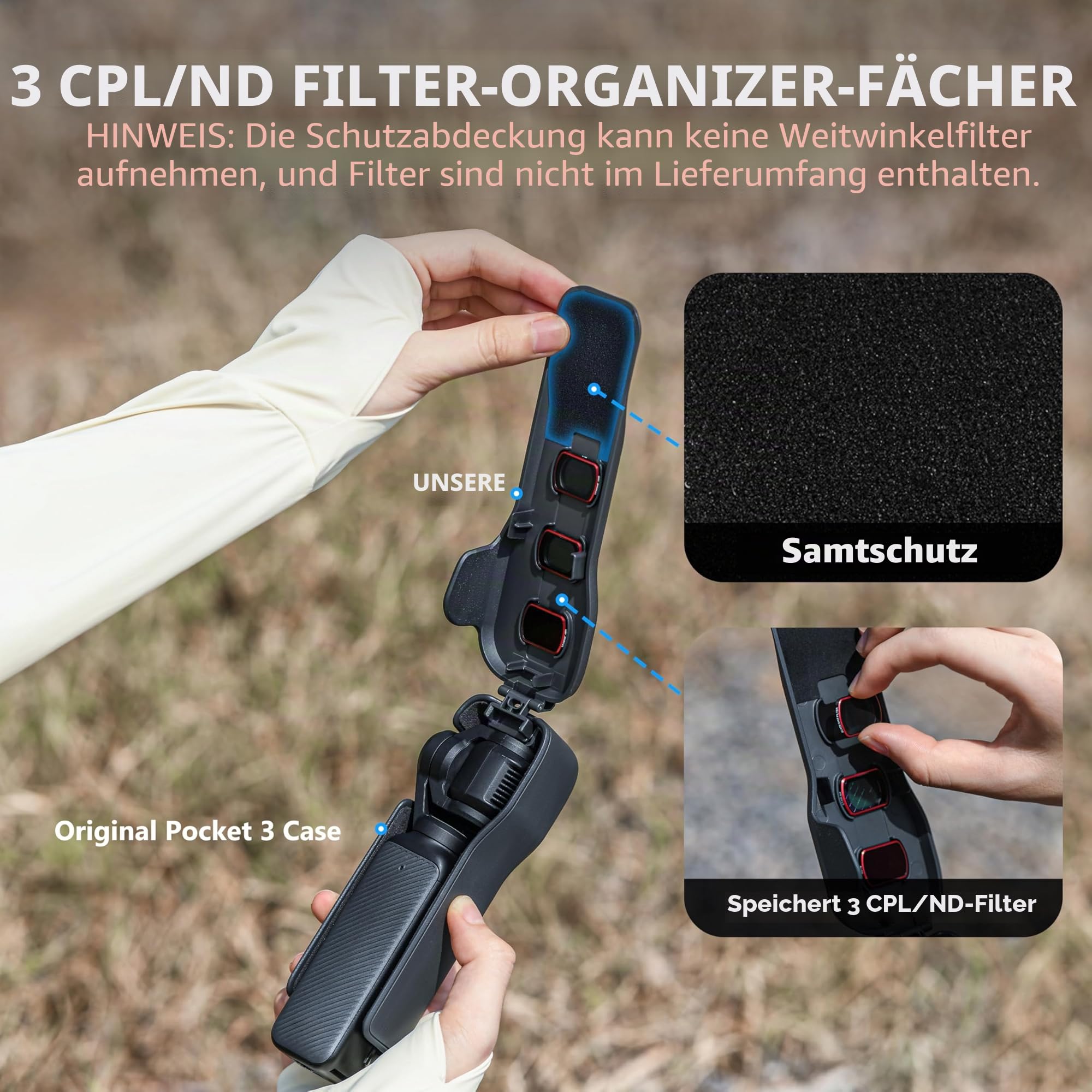Öppen förvaringsväska med DJI Osmo Action-kamera och filterfack visas i användning.