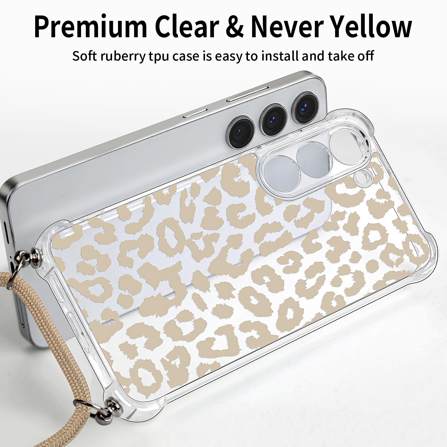 Transparent mobilskal med leopardmönster och beige bärrem för en Galaxy S23 Plus.