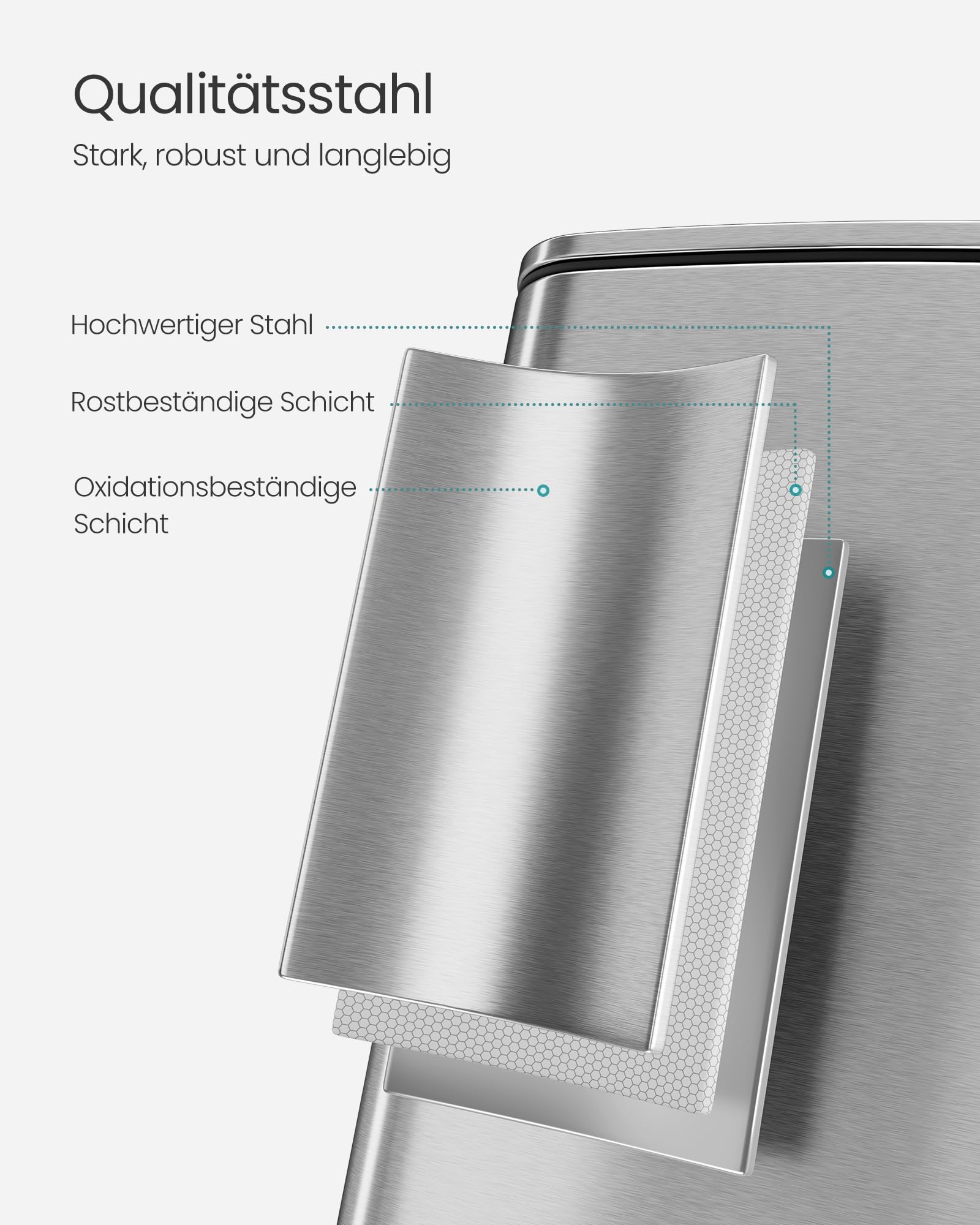 Detaljbild som visar avfallshinkens silverfärgade, rostbeständiga stålyta.