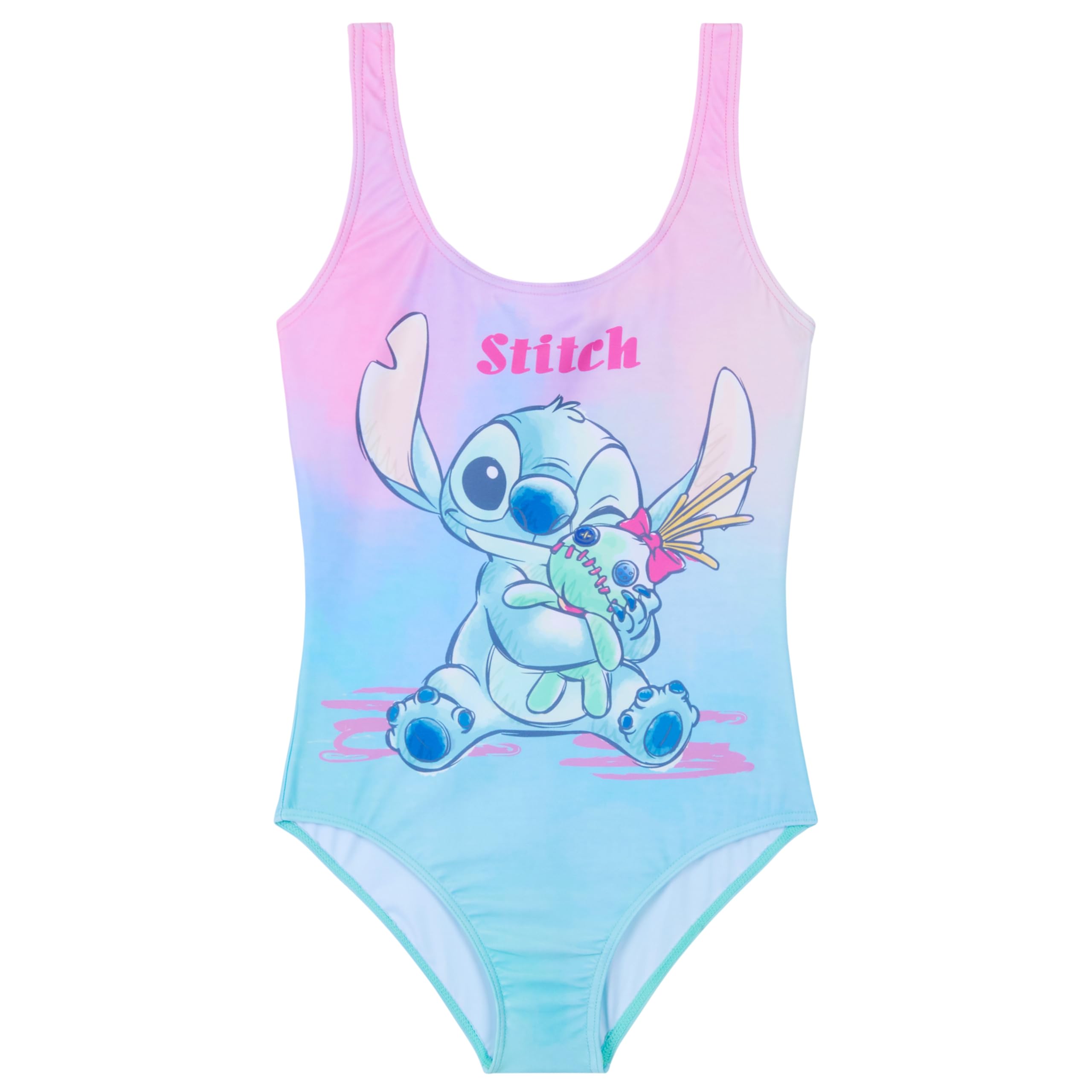 Rosa och ljusblå baddräkt med Stitch-motiv och texten ”Stitch” fram.