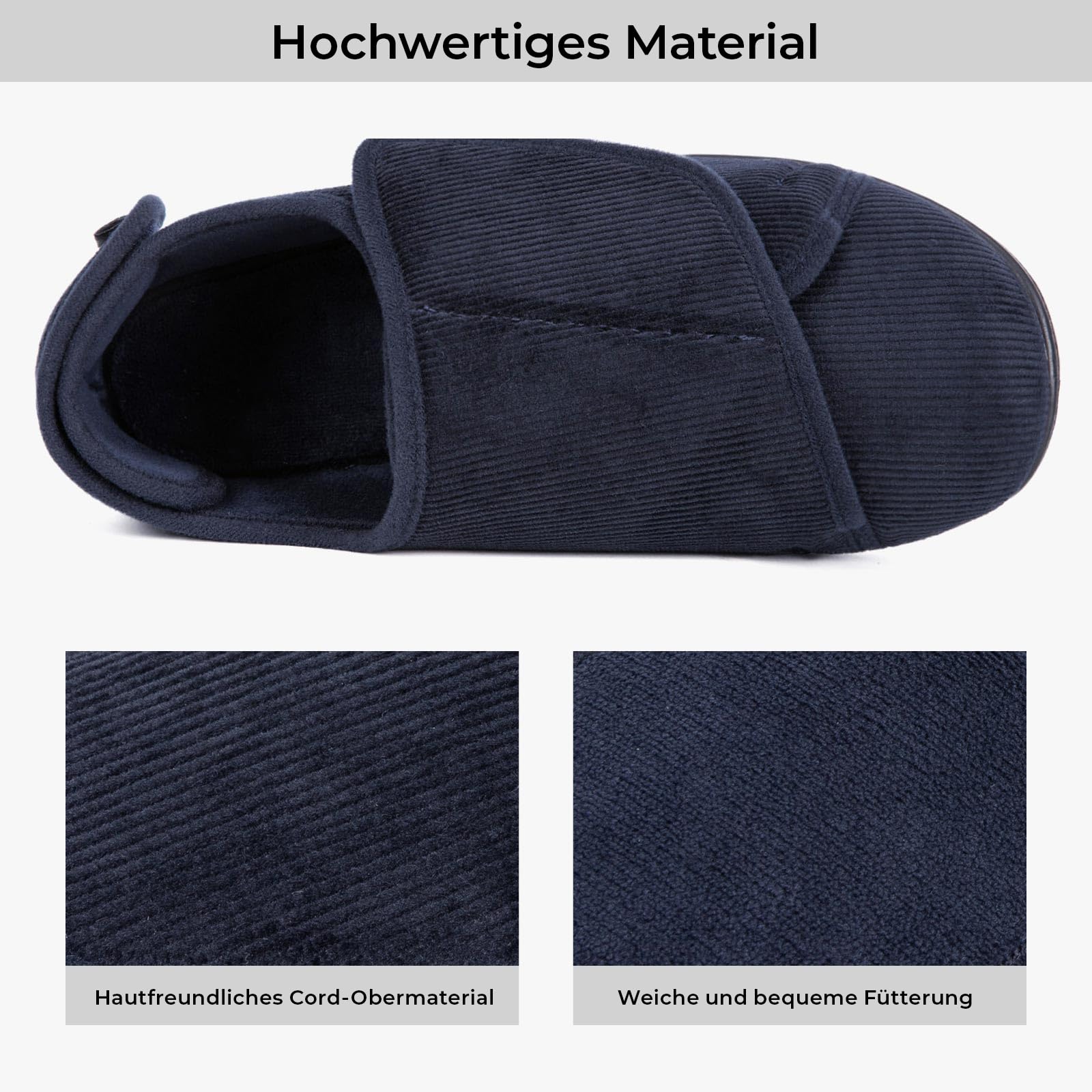 Mörkblå toffel med kardborreband och detaljbilder av yttermaterial och mjuk fodring.