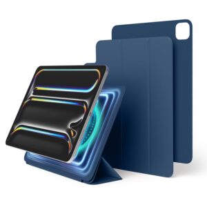 Blått magnetiskt foliofodral med iPad Pro stående i stöd och öppet skärmskydd.