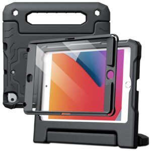 Svart stötdämpande iPad mini-fodral med handtag och uppfällt stöd.