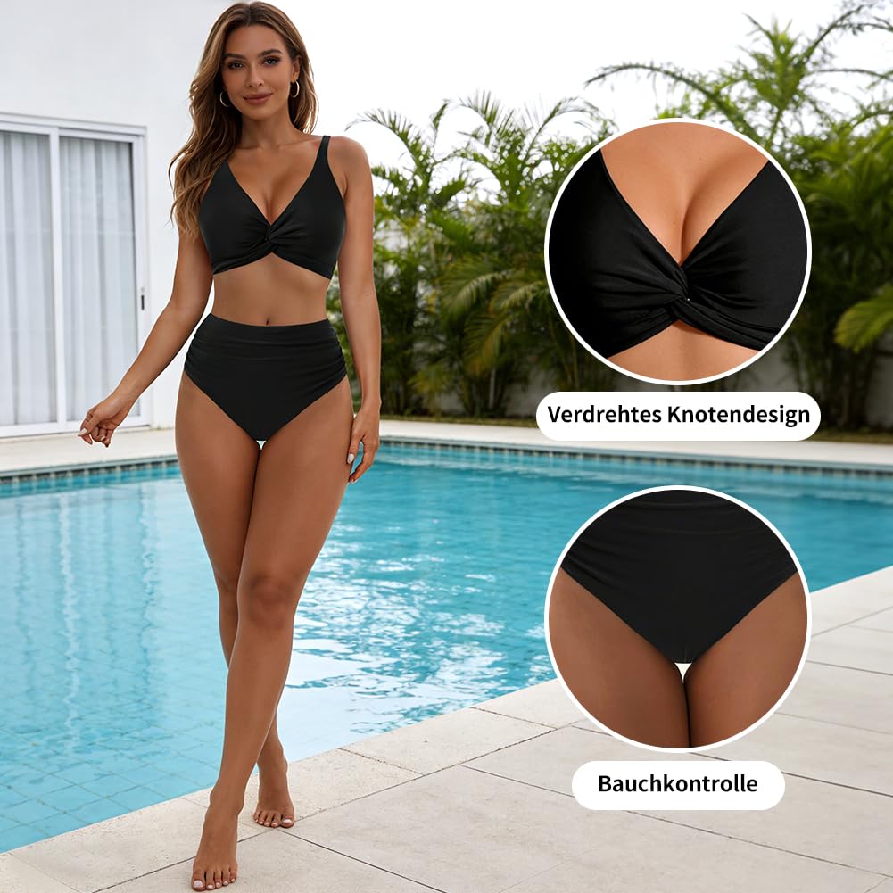 Kvinna i svart tvådelad bikini vid en pool, med närbilder på knuten och bikinitrosorna.