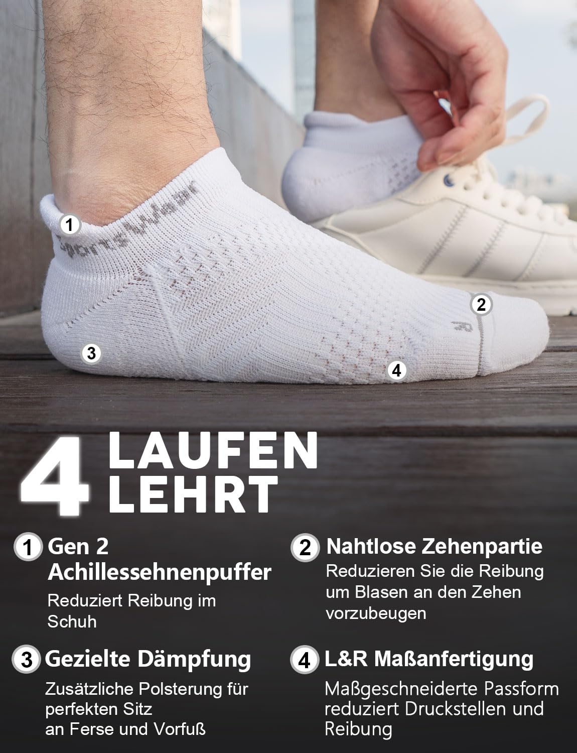 Vit kort strumpa i sko, med förstärkt häl, tå och hålfotsstöd.