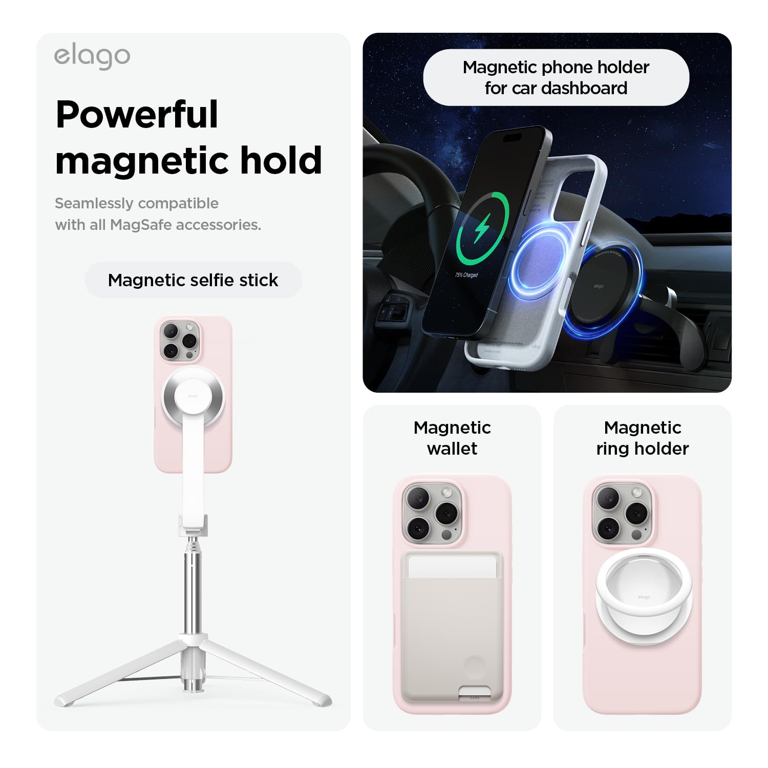 Rosa mobilskal med magnetisk selfiepinne, plånbok och ringhållare.