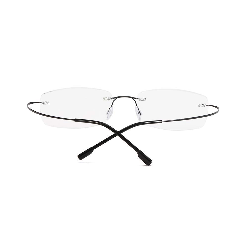 Ramlösa läsglasögon med svarta skalmar och transparenta glas visas framifrån.
