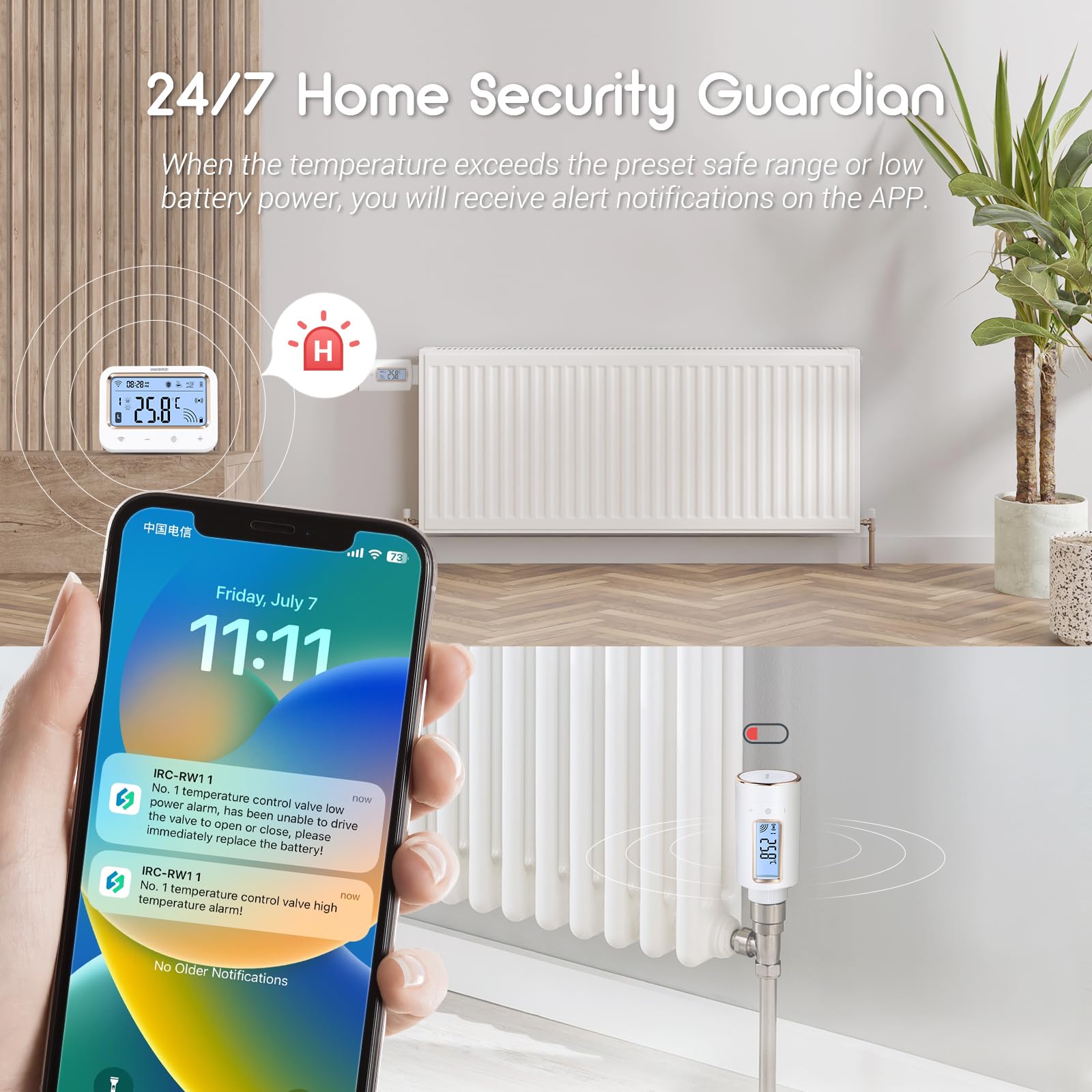 Smartphone visar appnotiser för en radiatortermostat, monterad på ett element.
