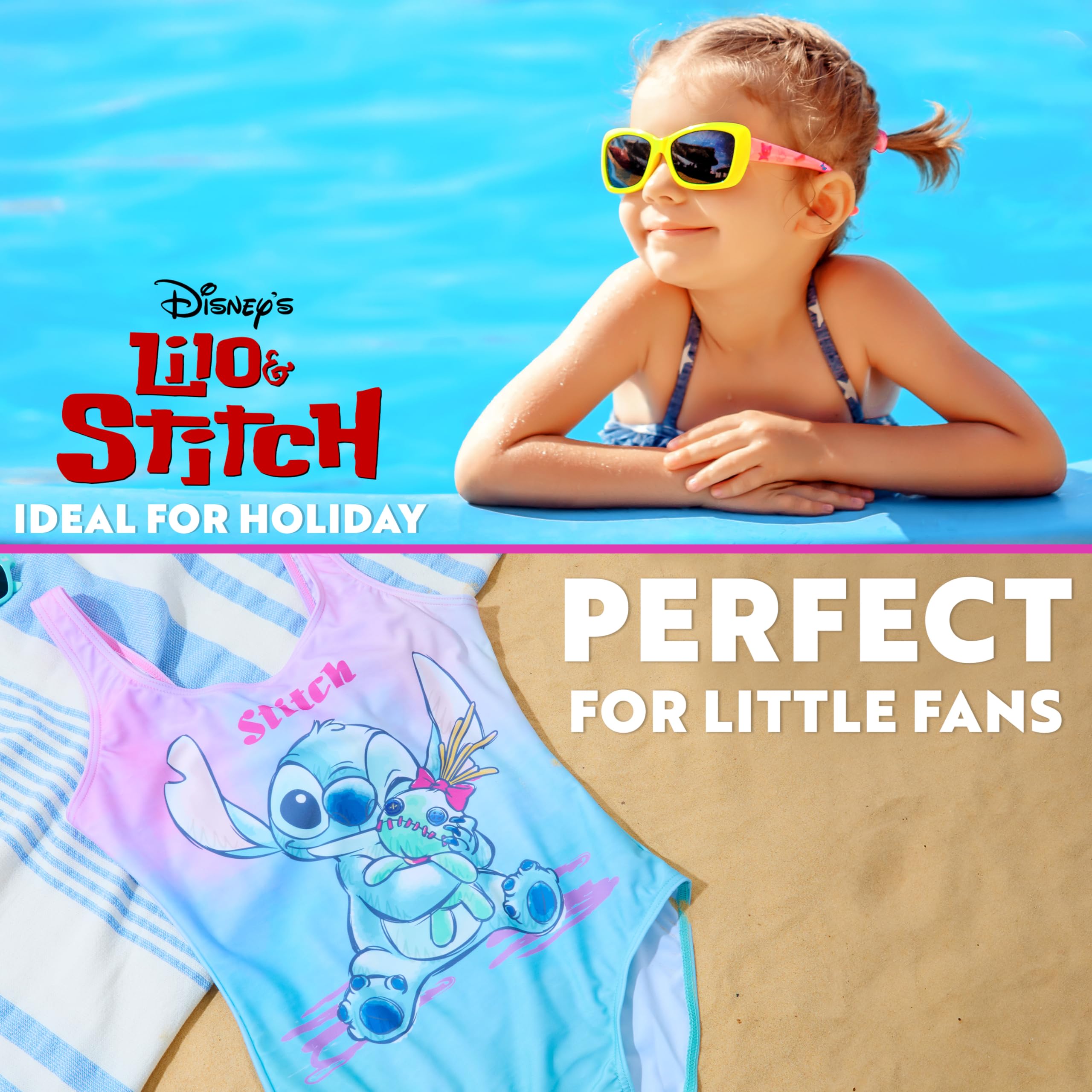 Rosa och blå baddräkt med Stitch-motiv på randig handduk vid poolen.