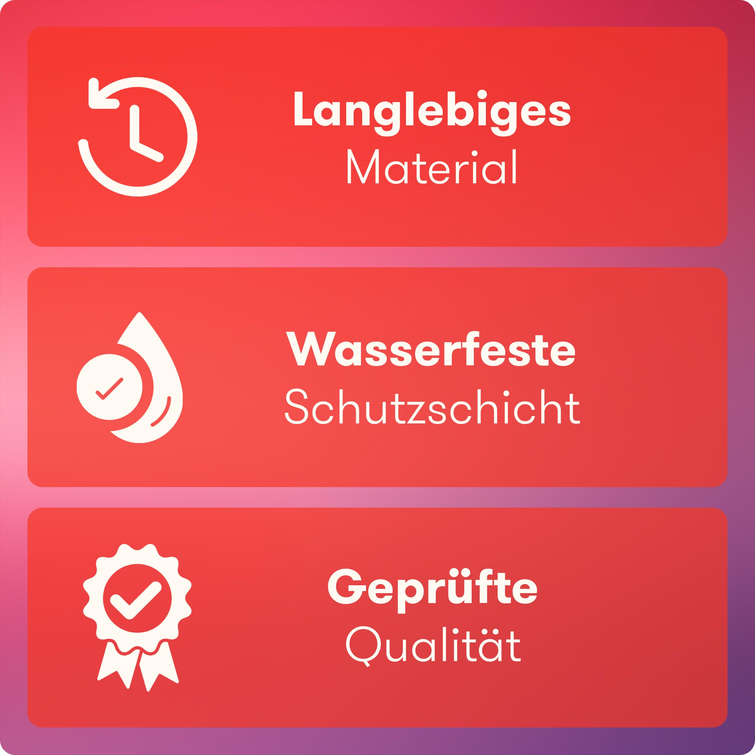 Grafik med tre ikoner och tysk text om hållbart material, vattentätt skydd och kvalitet.